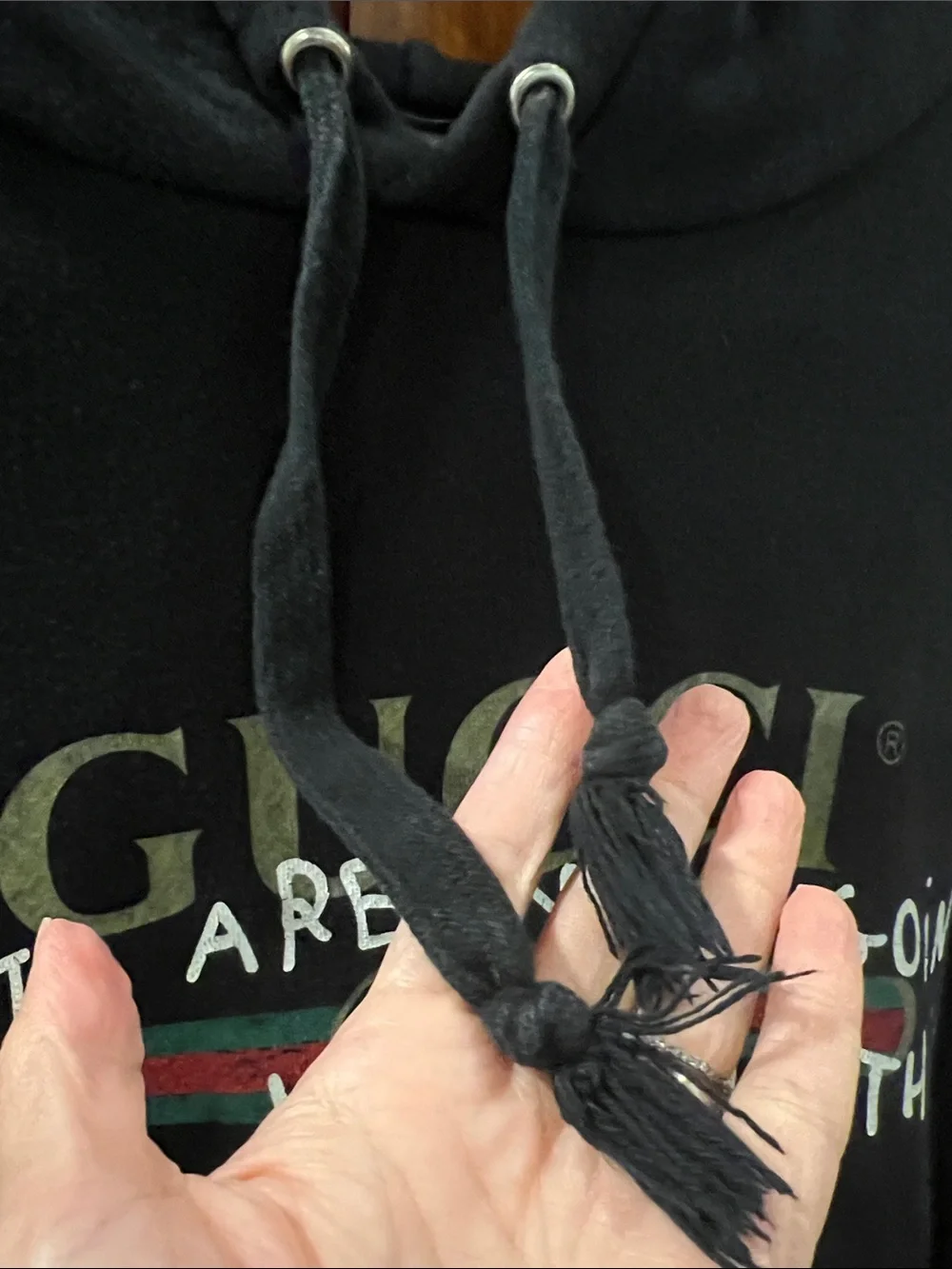 Gucci Black Hoodie with Green & Red Stripe and White Script
